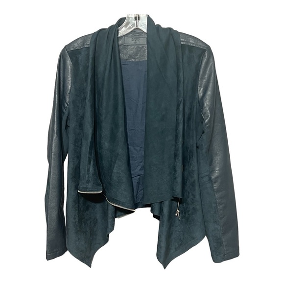 BlankNYC Draped Cowl Neck Moto Jacket Green Faux Leather Asymmetrical Zip Medium - Picture 2 of 9